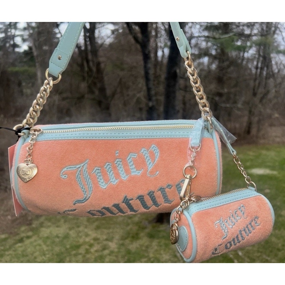 NEW! NWT JUICY COUTURE Choose Juicy II Barrel Shoulder Bag Peach Fuzz + Wristlet
